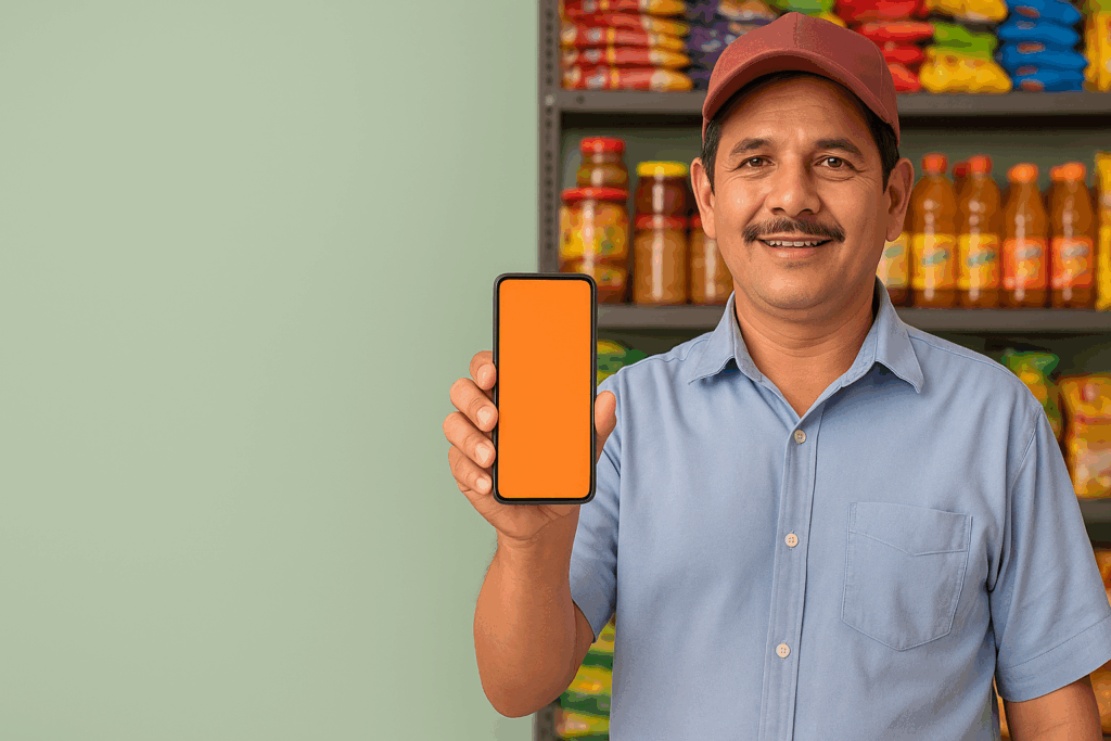 Tendero sonriente mostrando un celular con pantalla naranja de Apitiendas en su tienda de barrio.